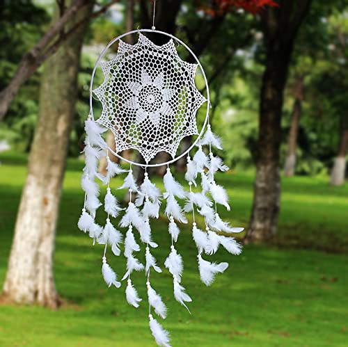 Großer Traumfänger – Boho Traumfänger, Handgefertigter Weißer Daunen-Traumfänger Wandbehang, Runder Ethnischer Wind-Traumfänger mit Federfransen Für Hochzeitsdekoration, Geburtstagsgeschenke von LeDiYouGou