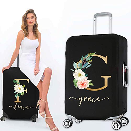 LeDiYouGou Personalisierte Name Gepäckabdeckung Goldene Blume Initialen Brief Elastische Kofferabdeckung für 18-32 Zoll Kofferzubehör Trolley Schutzhülle,S von LeDiYouGou