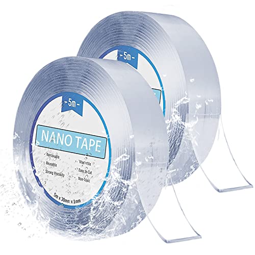 5Mx30MM Nano Klebeband Doppelseitig Extra Stark, 2 Pack Wiederverwendbares Doppelklebeband Transparent Waschbares Spurloses Nano Tape für Wandfotos, Poster, Teppiche von LeFeirr