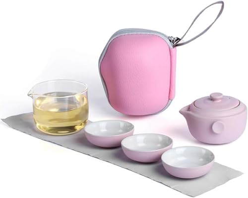 LeGDOr Tee-Set Reise-Teekanne, tragbar, Rosa, Vintage-Keramik-Teekanne, 3 Teetassen mit tragbarer Tasche, Kungfu, handgefertigt/verwendet für Picknick im Freien (Color : Pink, Size : 13 * 12cm) von LeGDOr