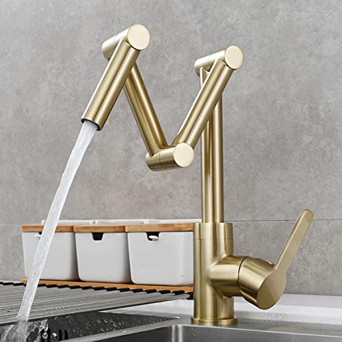 Topffüller-Wasserhahn, klappbarer Küchenarmatur aus Messing mit drei Gelenk-Schwenkarmen, Einloch-Küchenspülen-Wasserhahn für Deckmontage, Einhebelmischer für kalte und warme Küche, gebürstetes Gold von LeGDOr