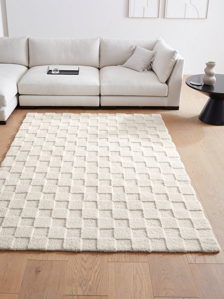 Teppich Esmé, Hochflor-Teppiche, weich, Boho, LeGer Home by Lena Gercke, rechteckig, Höhe: 23 mm, Hoch-Tief-Struktur, Uni, Kästchen, Wohnzimmer, Schlafzimmer, Esszimmer von LeGer Home by Lena Gercke