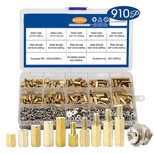 LeHang 910 Stück M3 Männlich Weiblich Sechskant Messing Abstandshalter mit Flachkopfschraube Mutter und Unterlegscheibe Sortiment Kit PCB Motherboard Abstandsschraube Mutter Sortiment Kit von LeHang