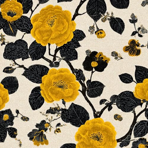 Fototapete Chinesische Blumen 3D Wandtapete Selbstklebend Tapete 44x500 cm Retro, Gelb Mustertapete Wandtapete Wohnzimmer Schlafzimmer Wasserdicht Wallpaper Küche von LeIxIaO