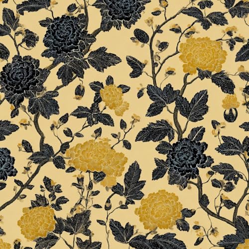 Fototapete Chinesische Blumen 3D Wandtapete Selbstklebend Tapete 44x500 cm Retro, Gelb Mustertapete Wandtapete Wohnzimmer Schlafzimmer Wasserdicht Wallpaper Küche von LeIxIaO