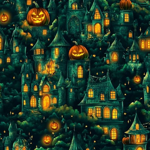 Tapete Selbstklebende Fototapete Wandpapier 44x1000 cm Halloween-Kürbis Dekorfolie Möbelfolie Klebefolie Grünes Schloss Kinderzimmer Mustertapete Klebetapete Wasserdicht von LeIxIaO