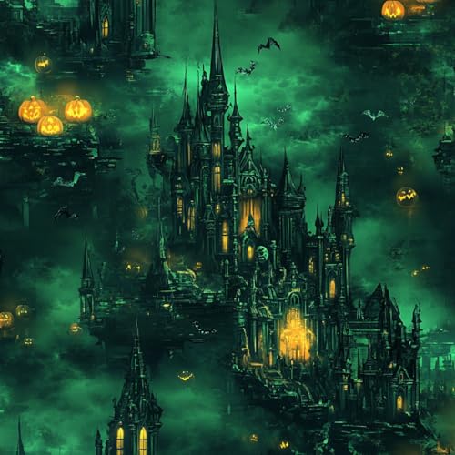 Tapete Selbstklebende Fototapete Wandpapier 44x1000 cm Halloween-Kürbis Dekorfolie Möbelfolie Klebefolie Grünes Schloss Kinderzimmer Mustertapete Klebetapete Wasserdicht von LeIxIaO