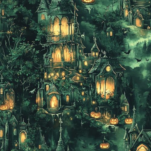 Tapete Selbstklebende Fototapete Wandpapier 44x1000 cm Halloween-Kürbis Dekorfolie Möbelfolie Klebefolie Grünes Schloss Kinderzimmer Mustertapete Klebetapete Wasserdicht von LeIxIaO