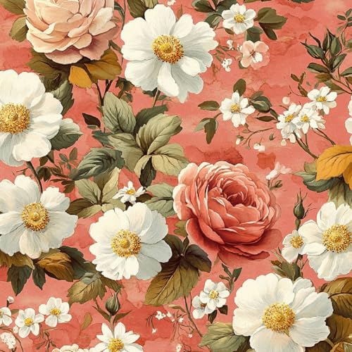 Tapete Selbstklebende Fototapete Wandpapier 44x1000 cm Retro-Pfingstrose Blumen Dekorfolie Möbelfolie Klebefolie Rosa Blumen Kinderzimmer Mustertapete Klebetapete Wasserdicht von LeIxIaO