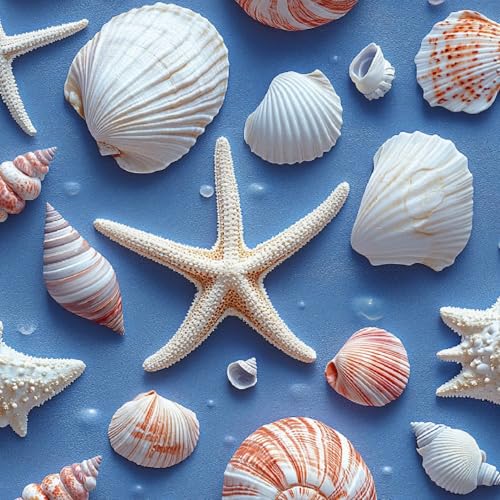 Tapete Selbstklebende Fototapete Wandpapier 44x1000 cm Seesterne Muscheln Dekorfolie Möbelfolie Klebefolie Blauer Ozean Kinderzimmer Mustertapete Klebetapete Wasserdicht von LeIxIaO