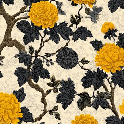 Tapete Selbstklebende Fototapete Wandpapier 44x200 cm Chinesische Blumen Dekorfolie Möbelfolie Klebefolie Retro, Gelb Kinderzimmer Mustertapete Klebetapete Wasserdicht von LeIxIaO