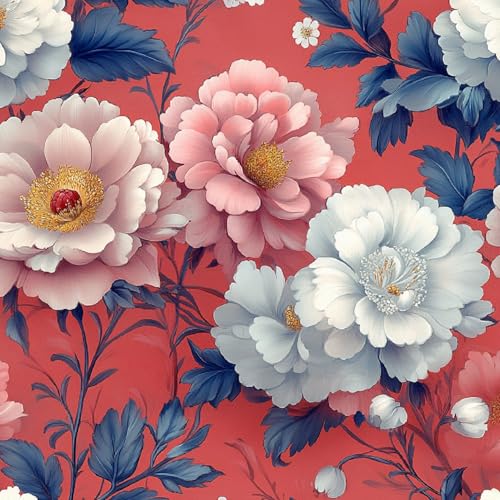 Tapete Selbstklebende Fototapete Wandpapier 44x500 cm Retro-Pfingstrose Blumen Dekorfolie Möbelfolie Klebefolie Rosa Blumen Kinderzimmer Mustertapete Klebetapete Wasserdicht von LeIxIaO