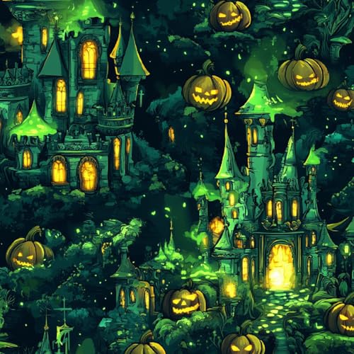 Tapete Selbstklebende Fototapete Wandpapier 44x600 cm Halloween-Kürbis Dekorfolie Möbelfolie Klebefolie Grünes Schloss Kinderzimmer Mustertapete Klebetapete Wasserdicht von LeIxIaO