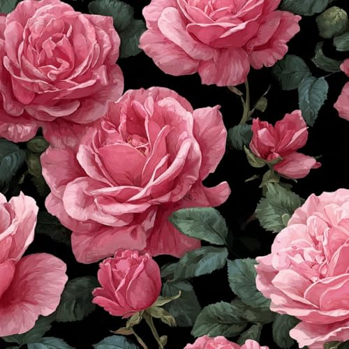 Tapete Selbstklebende Fototapete Wandpapier 44x600 cm Rosa Rose Dekorfolie Möbelfolie Klebefolie Retro-Blumen Kinderzimmer Mustertapete Klebetapete Wasserdicht von LeIxIaO