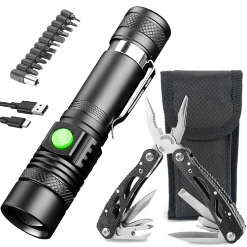 LeKaufen LED Taschenlampe, 24 in 1 Multitool Werkzeug Multifunktionswerkzeug und Camping Taschenlampe LED Aufladbar, 1200 Lumens Mini Taschenlampe 4 Modi Zoombar mit Clip, Geschenke für Männer von LeKaufen