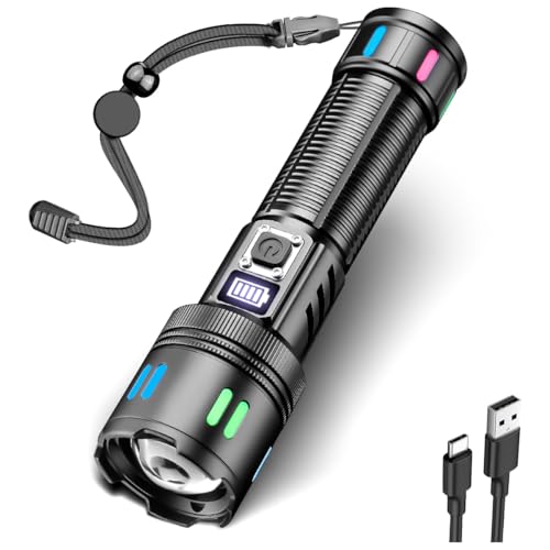 LeKaufen LED Taschenlampe Aufladbar, 50000 Lumen Extrem Helle Taschenlampe mit Zoomfunktion, Ip65 Wasserdichte Taschenlampe mit LCD-Stromanzeige, 5 Modi Flashlight für Camping Wandern Outdoor Notfälle von LeKaufen