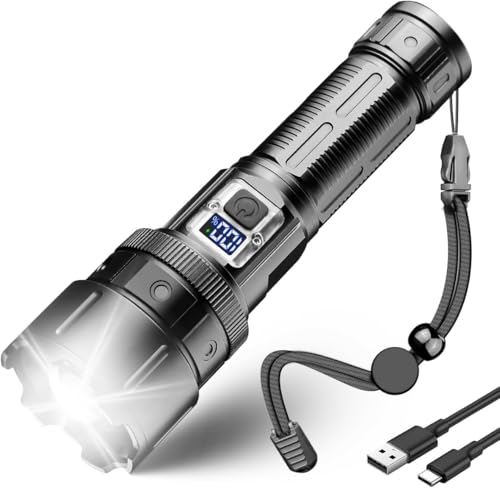 LeKaufen Taschenlampe LED Aufladbar USB, 100000 Lumen Taschenlampe mit LCD Display 30W Extrem Hell Wasserdicht, 5 Modi Verstellbarer Fokus Wasserdicht Powerbank für Camping Wandern Notfälle von LeKaufen