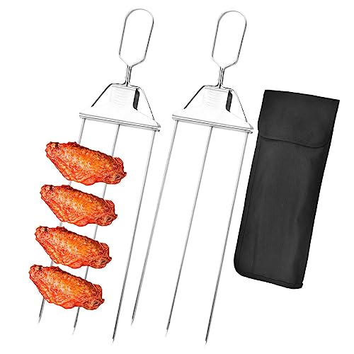 Halbautomatische Grillgabel aus Edelstahl, 3-Wege-Grill-Edelstahl-Bratstab, BBQ-Metallspieße, 14,7" rostfreier Kebab, Grillzubehör Kebabs, Geeignet für Fleisch, Huhn, Wurst, Gemüse von LeKing