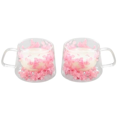 LeKuni 2er-Pack Latte Macchiato Gläser Mit Trockenblumen, 200ml Doppelwandige Gläser, Espressotassen Thermogläser Doppelwandig Cappuccino Tassen, Für Tee,EIS,Eistee,Iced Americano,Milch,Saft -Rosa von LeKuni