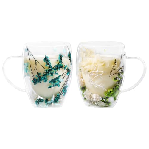 LeKuni 2er-Pack Latte Macchiato Gläser Mit Trockenblumen, 350ml Doppelwandige Gläser, Espressotassen Thermogläser Doppelwandig Cappuccino Tassen, Für Tee,EIS,Eistee,Iced Americano -Blau & Grün von LeKuni