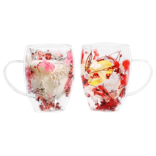 LeKuni 2er-Pack Latte Macchiato Gläser Mit Trockenblumen, 350ml Doppelwandige Gläser, Espressotassen Thermogläser Doppelwandig Cappuccino Tassen, Für Tee,EIS,Eistee,Iced Americano -Rosa & Rot von LeKuni