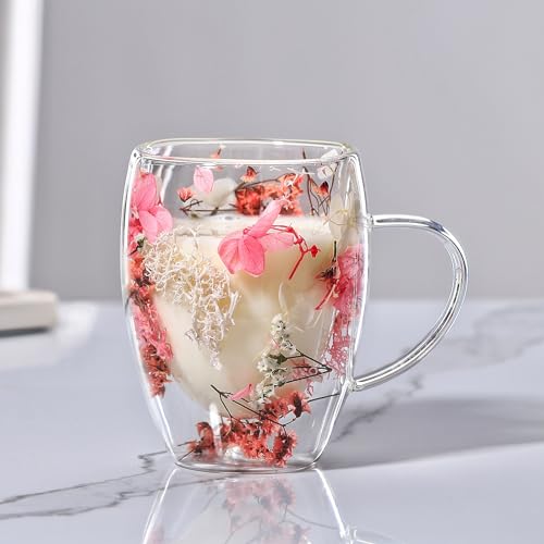 LeKuni Latte Macchiato Gläser Mit Trockenblumen, 350ml Doppelwandige Gläser, Espressotassen Thermogläser Doppelwandig Cappuccino Tassen, Für Tee,EIS,Eistee,Iced Americano,Milch,Saft(rosa) von LeKuni