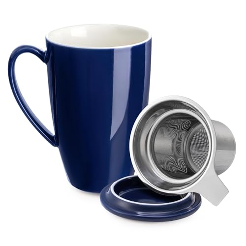 LeKuni Porzellan Teetasse Mit Deckel Und Sieb, Teekanne Mit Tasse, Teegläser Mit Henkel, 450ml Große Tasse Für Tee/Kaffee/Milch/Damen/Büro/Zuhause/Geschenk (Königsblau) von LeKuni