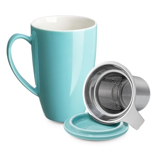 LeKuni Porzellan Teetasse Mit Deckel Und Sieb, Teekanne Mit Tasse, Teegläser Mit Henkel, 450ml Große Tasse Für Tee/Kaffee/Milch/Damen/Büro/Zuhause/Geschenk (Türkis) von LeKuni