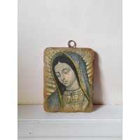 Hübsche Vintage Ikone - Jungfrau Maria Religiöses Bild Papier Auf Holz Hängehaken, 19 X 14, 5 cm von LeLapinDansLaCuisine