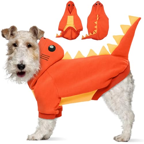 Lelepet Halloween Hund Dinosaurier Kostüm, Warmer Fleece Hoodie für kleine Hunde, Winter Haustier Sweatshirt Lustiges Hund Cosplay Party Kostüm Welpe Jumpsuit, Orange S von LeLePet