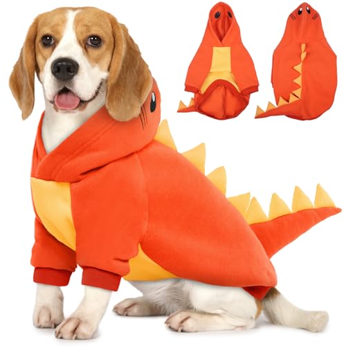 Lelepet Halloween Hund Dinosaurier Kostüm, Warmer Fleece Hoodie für mittelgroße Hunde, Winter Haustier Sweatshirt Lustiges Hund Cosplay Party Kostüm Welpe Jumpsuit, Orange M von LeLePet