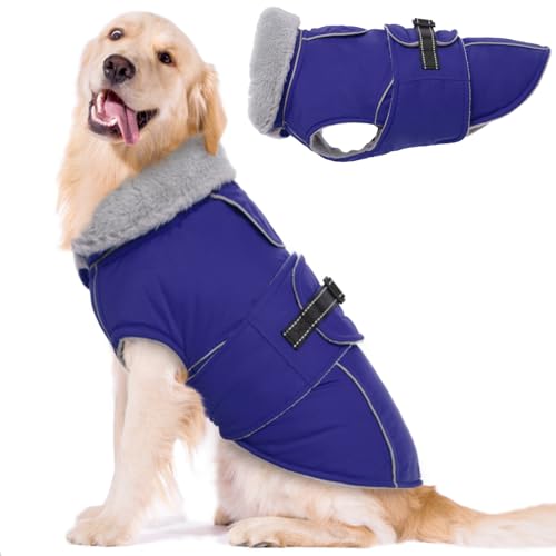 Lelepet Hundemantel Winterweste Reflektierende Fleece Hundejacke für Große Hunde Wasserdicht Hundejacke Wintermantel Warme Winterjacke mit Verstellbarer Schnalle, Blau 2XL von LeLePet