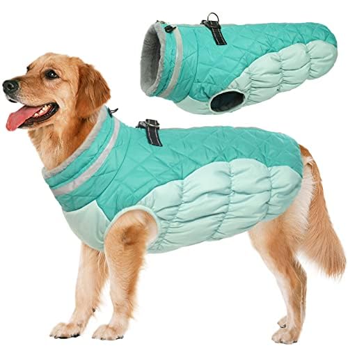 Lelepet Wasserdicht Hundemantel, Winter Winddicht Hundejacke mit Geschirr, Warme Reflektierend Schneeanzug Winterweste, Kaltes Wetter Hundepullover für Kleine Mittlere Große Hunde (Mintgrün, 2XL) von LeLePet