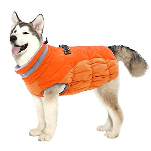 Lelepet Wasserdicht Hundemantel, Winter Winddicht Hundejacke mit Geschirr, Warme Reflektierend Schneeanzug Winterweste, Kaltes Wetter Hundepullover für Kleine Mittlere Große Hunde (Orange, 2XL) von LeLePet