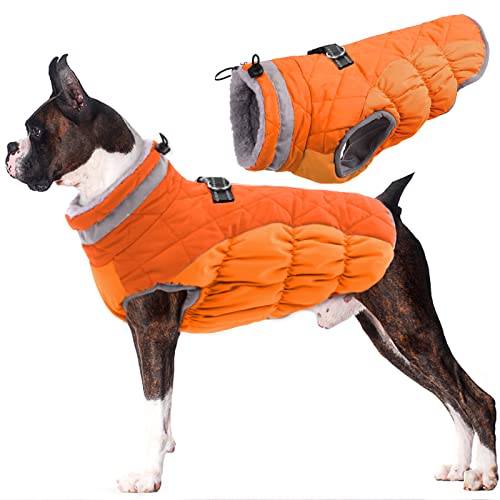 Lelepet Wasserdicht Hundemantel, Winter Winddicht Hundejacke mit Geschirr, Warme Reflektierend Schneeanzug Winterweste, Kaltes Wetter Hundepullover für Kleine Mittlere Große Hunde (Orange, L) von LeLePet