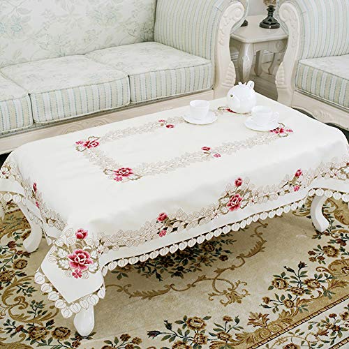 LeLehome 172,7 x 254 cm, rechteckige Tischdecke, Vintage-Stil, klassische Blumen-Stickerei, cremefarbene Esstischdecke, große Tischdecke, weiße Blätter von LeLehome