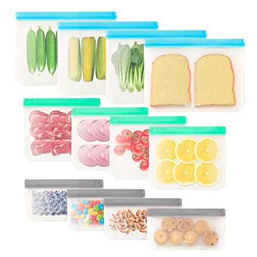 LeMuna 12 Pack wiederverwendbare Lebensmittelaufbewahrungsbeutel, BPA kostenlose wiederverwendbare Gefrierbeutel, PEVA auslaufsicher (4 Gallonenbeutel, 4 Sandwichbeutel, 4 Snackbeutel) von LeMuna