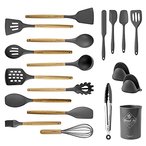 Lemuna 18pcs Silikon Küchenutensilien Set, Küchen Kochutensilien mit Halter, Holzgriff Silikon Utensilien Set, Hitzebeständig, BPA-frei, Nicht giftig, Grau von LeMuna