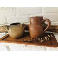 Schweden Altes Bezauberndes Set Milchkännchen & Zuckerdose Tablett Salzglasur Töpferarbeit Holz Skandi Hygge von LePetitVillageDE