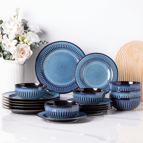 LeRatio Geschirrset für 6 Personen, 18-tlg Reaktive Glasur Steingut Geschirr Set, Keramik Kratzfestes- Schüssel- und Teller-Set, Spülmaschinen- und Mikrowellenfestes (Mediterranes Blau, 18 Teile Set) von LeRatio