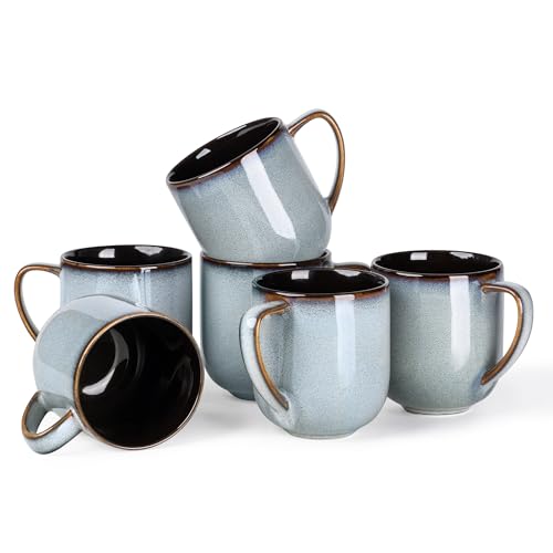 LeRatio Steingut Kaffeetassen 6 Pers. 350 ml, Kaffeetassen mit großem Henkel für Latte, Cappuccino, Milch, Kakao, spülmaschinen- und mikrowellengeeignet, Ozeanblau von LeRatio