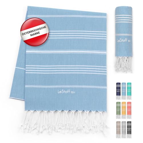 LeStoff Premium Hamamtuch - Vielseitig, Nachhaltig, Saugstark & Schnelltrocknend - 100% Bio-Baumwolle - Strand, Bade, Dusch, Yoga, Spa & Reise-Tuch (200 x 200 cm Light Blue) von LeStoff