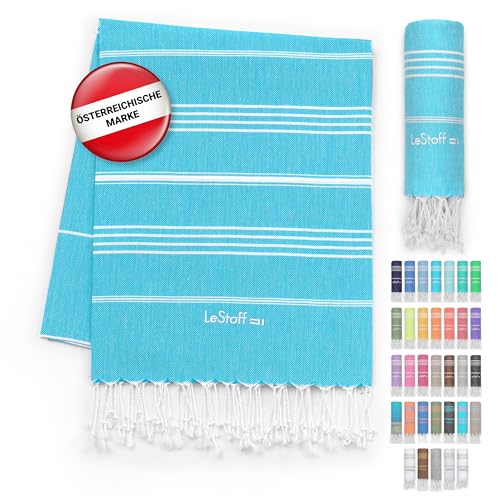 LeStoff Premium Hamamtuch - Vielseitig, Nachhaltig, Saugstark & Schnelltrocknend - 100% Bio-Baumwolle - Strand, Bade, Dusch, Yoga, Spa & Reise-Tuch (95 x 180 cm, Aqua) von LeStoff