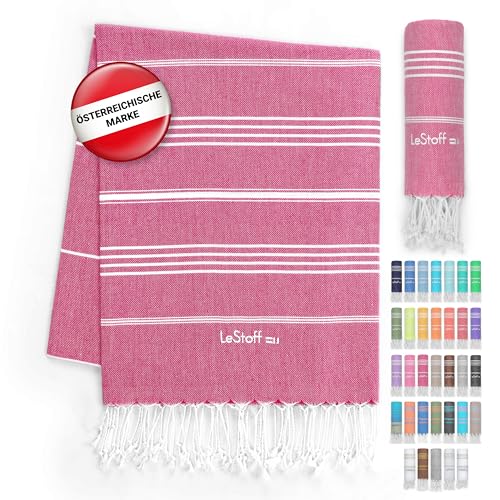 LeStoff Hamamtuch - 100% Bio-Baumwolle, 95 x 180 cm, Vorgewaschen, Saugstark, Schnelltrocknend, Leicht, Kompakt, Campinghandtuch, Reisehandtuch, Badetuch, Duschtuch, Badehandtuch groß, rosa (Fuchsia) von LeStoff