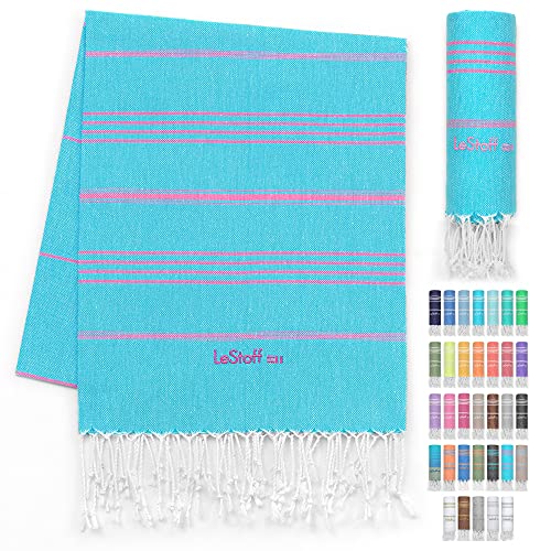 LeStoff Premium Hamamtuch - Vielseitig, Nachhaltig, Saugstark & Schnelltrocknend - 100% Bio-Baumwolle - Strand, Bade, Dusch, Yoga, Spa & Reise-Tuch (95 x 180 cm, Aqua - Pink) von LeStoff