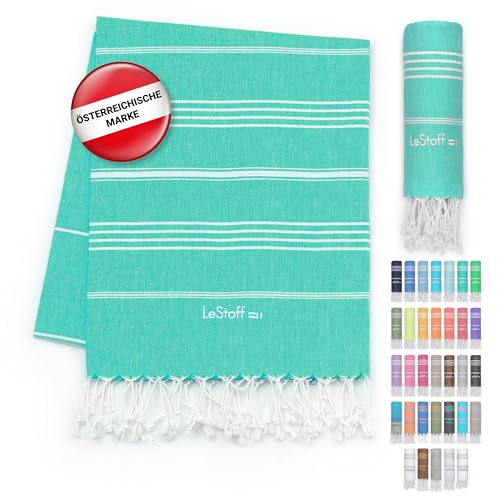 LeStoff Premium Hamamtuch - Vielseitig, Nachhaltig, Saugstark & Schnelltrocknend - 100% Bio-Baumwolle - Strand, Bade, Dusch, Yoga, Spa & Reise-Tuch (95 x 180 cm, Turquoise) von LeStoff