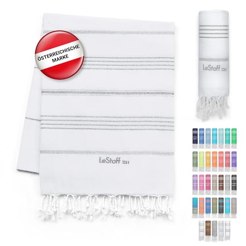 LeStoff Hamamtuch - 100% Bio-Baumwolle, 95 x 180 cm, Vorgewaschen, Saugstark, Schnelltrocknend, Leicht, Schick, Glitzer, Badehandtuch Damen, Strandtuch Damen, Badetuch groß (Weiss - Silber) LeStoff Hamamtuch - 100% Bio-Baumwolle, 95 x 180 cm, Vorgewaschen, Saugstark, Schnelltrocknend, Leicht, Schick, Glitzer, Badehandtuch Damen, Strandtuch Damen, Badetuch groß (Weiss - Silber) von LeStoff