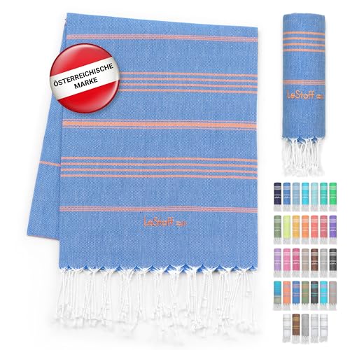 LeStoff Hamamtuch - 100% Bio-Baumwolle, 95 x 180 cm, Vorgewaschen, Saugstark, Schnelltrocknend, Leicht, Kompakt, Sporthandtuch, Fitness Handtuch, Yoga Handtuch, Handtuch groß (Sky Blue - Orange) LeStoff Hamamtuch - 100% Bio-Baumwolle, 95 x 180 cm, Vorgewaschen, Saugstark, Schnelltrocknend, Leicht, Kompakt, Sporthandtuch, Fitness Handtuch, Yoga Handtuch, Handtuch groß (Sky Blue - Orange) von LeStoff