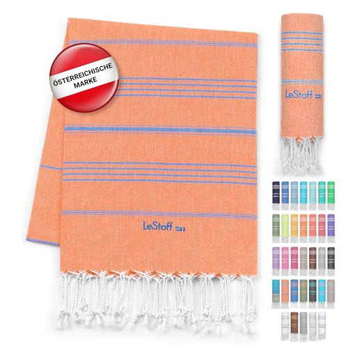 LeStoff Premium Hamamtuch - Vielseitig, Nachhaltig, Saugstark & Schnelltrocknend - 100% Bio-Baumwolle - Strand, Bade, Dusch, Yoga, Spa & Reise-Tuch (95 x 180 cm, Orange - Sky Blue) von LeStoff