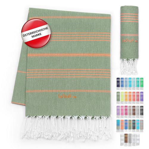 LeStoff Premium Hamamtuch - Vielseitig, Nachhaltig, Saugstark & Schnelltrocknend - 100% Bio-Baumwolle - Strand, Bade, Dusch, Yoga, Spa & Reise-Tuch (95 x 180 cm, Olive - Orange) von LeStoff